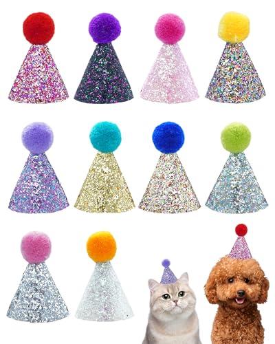 PET SHOW 10 Pack Mini Small Dog Hats with Sequins Puppy Birthday Party Hats Cats Adjustable Holiday Hats Headband Kitten Hats Pet Grooming Costume Accessories