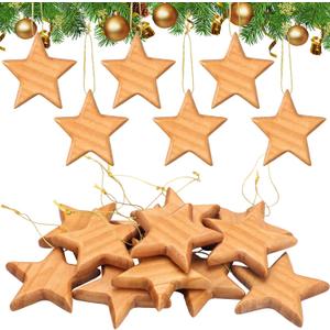 Henoyso 12 Pcs Handcrafted Wood Star Ornaments Star Hanging Christmas Tree Ornaments 2.8" Wood Hanging Decorations for Christmas Tree Winter New Year Party Supplies