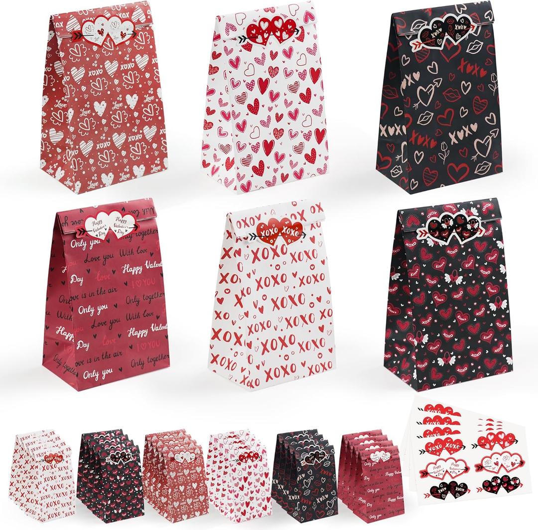 Valentines Bags - 24 PCS Valentines Gift Bags for Class School,Valentine Treat Bags with Stickers -Valentine Goodie Bags for Kids | Valentine's Day Gifts for Kids -Valentine's Decorations Party Favors (Red)