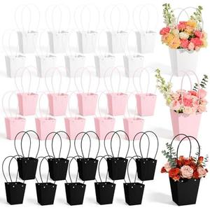 tchrules 30pcs Flower Box for Arrangement, Waterproof Bouquet Wrapping Bag With Handle Pink White Black Paper Floral Box for Valentine's Mother's Day Graduation Wedding Flower Bar Supplies, 6.1×5.11×3.74 in