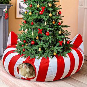 GUDELAK Cat Tunnel Bed with Christmas Tree Skirt, Cat Beds for Indoor Cats Tunnels with Toy Ball, Red and White Christmas Decorations Donut Tunnels for Cat Supplies Small Large Cats and Small Animals