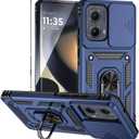 KELONGUS for Motorola Edge 2024 Case with Slide Camera Cover HD Screen Protector Military Grade 16ft. Drop Tested Magnetic Ring Kickstand Protective Phone Case, Blue