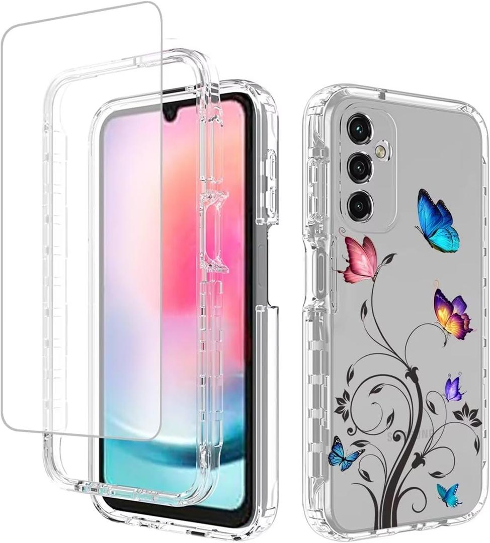 Case for Galaxy A24 4G Case, Samsung A24 4G SM-A245F Case with Tempered-Glass Screen Protector, Clear Floral Pattern Full Body Protective Phone Cover for Samsung Galaxy A24 4G Butterfly Tree