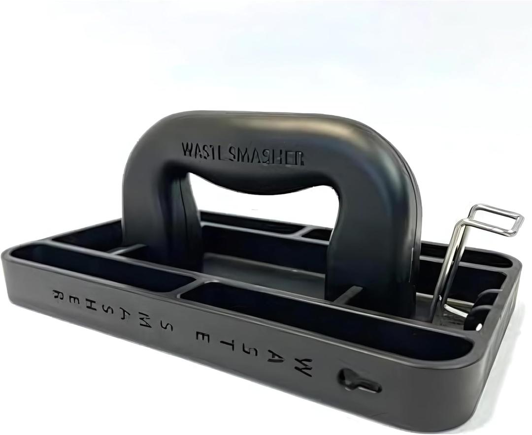 Manual Trash Compactor Tool - Hand-Held Garbage Press with Built-in Hook - for Kitchen Waste Bin - Space Saving Design - No Batteries Required - Freestanding - Black