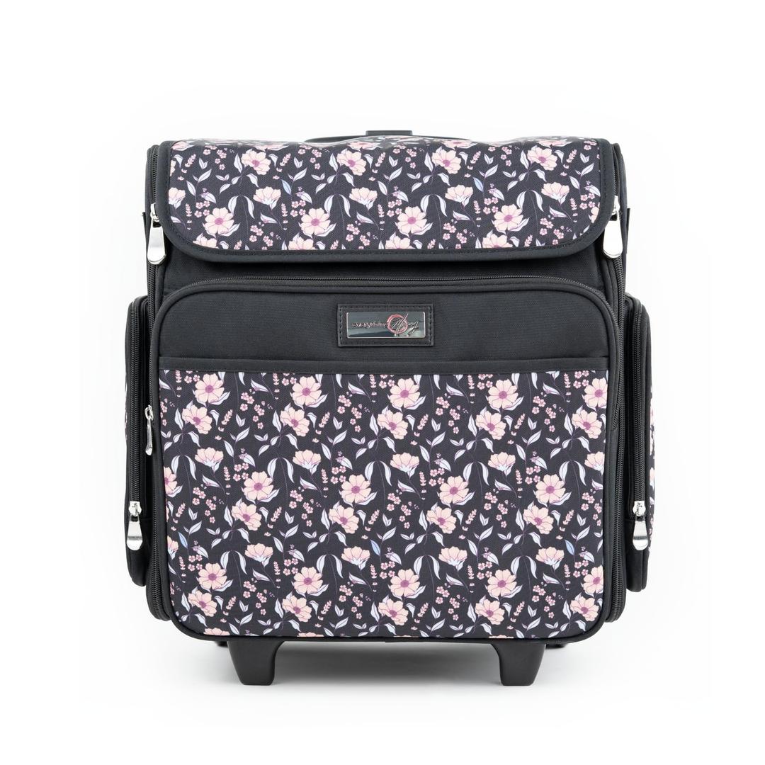 Everything Mary Rolling Scrapbook Tote – Black & Floral Trim Foldable Craft Organizer Tote for Scrapbooking Supplies, Art Tools, Paper & Accessories – Portable Storage Bag