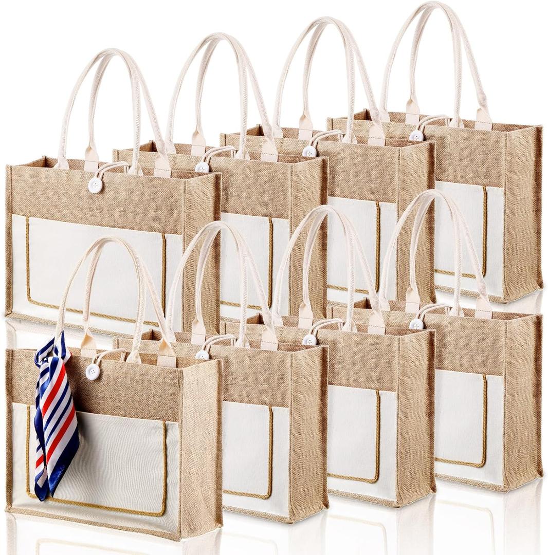 Reginary 8 Pcs Burlap Tote Bags Bulk Large Jute Tote with Handles Reusable Canvas Gift Bags for Wedding Travel (Beige)