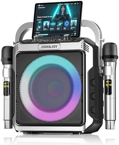Portable Karaoke Machine, with Wireless Microphones, Bluetooth Party Speaker with LED Lights, Loud Subwoofer, USB/AUX, Outdoor Karaoke Speaker for Adults & Kids, Matte Silver