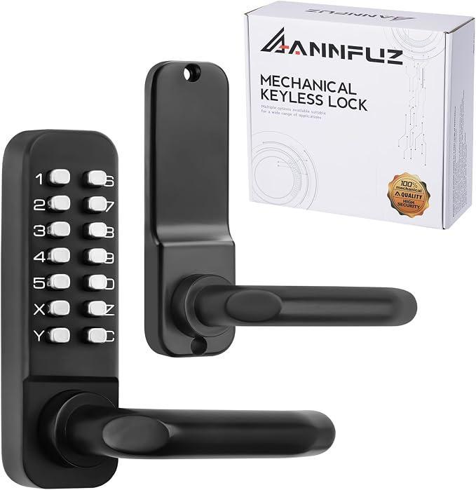 Single Sided Mechanical Keypad Entry Lever Lock,Keyless Push Button Code Combination Door Handle Lock,for Front Gate,Warehouses,Interior Hold-Opening,Auto Locking,No Battery(Matte Black)