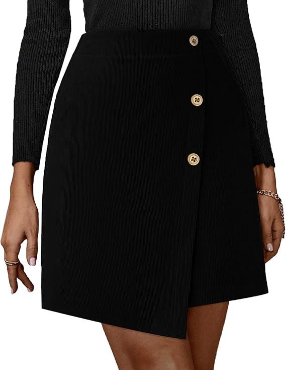 Pink Queen Corduroy Skirt Women Cute High Waist Bodycon Wrap Short Asymmetrical Hem Mini Skirt with Pockets, Size S, Black Color