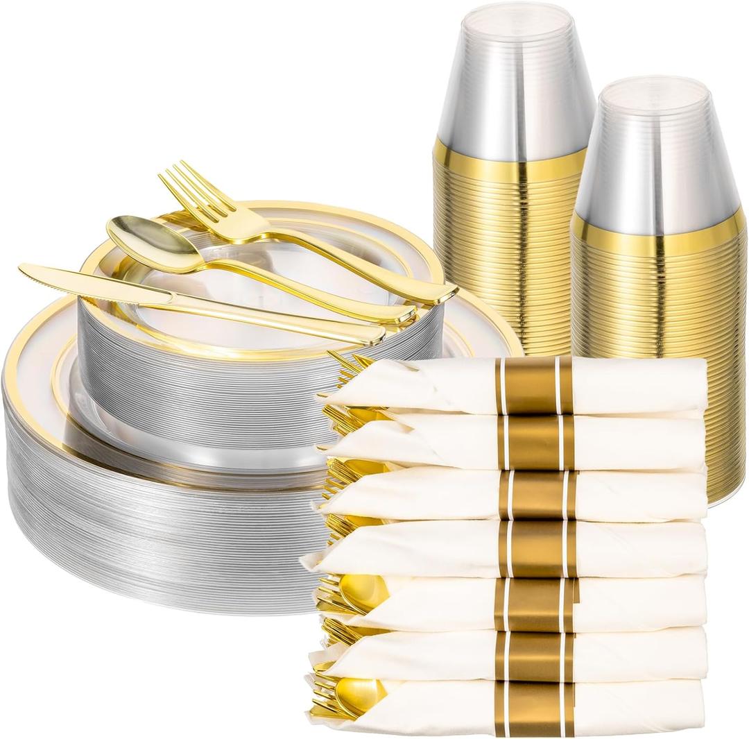 realluck BESTVIP 350PCS Clear Gold Plastic Dinnerware Set for 50 Guests, Disposable Party Plate for Wedding Party, Include: 100 Plastic Plates, 50 Pre Rolled Napkins with Silverware, 50 Cups