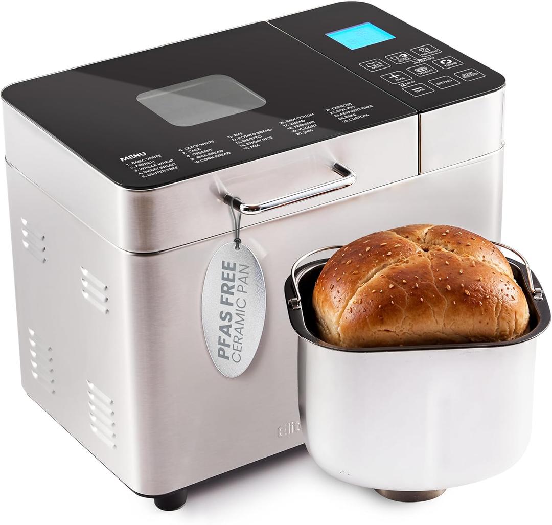 Elite Gourmet Programmable 2-Lb Bread Maker, PFAS Free Ceramic Ceralast Pan, Touch Screen Control Panel, 19 Functions, Gluten Free, White, Wheat, Rye & More, 3 Loaf Sizes, Stainless Steel