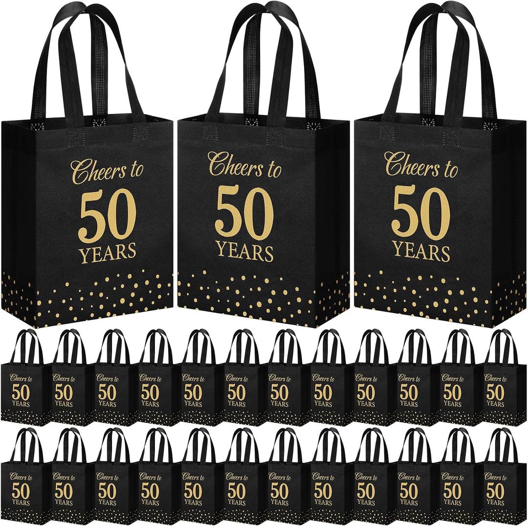 Supervitae 24 Cheers to 50 Years Gift Party Bags Medium Black and Gold Party Decoration Supplies Reusable Non Woven Totes for Birthday Anniversary Wedding Favor(9.8" x 7.9" x 3.9")