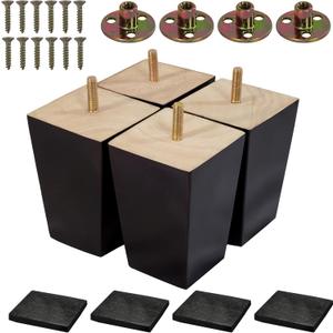 4 Pcs 4 inch Wood Furniture Legs  Square Sofa Legs, Couch Leg Black MidCentury Modern Replacement Legs for Armchair Recliner Coffee Table Dresser (4")