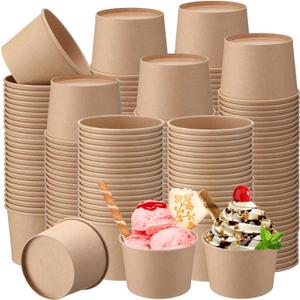 Honeydak 200 Pcs 8 oz Ice Cream Cups Kraft Paper Disposable Dessert Bowls for Hot or Cold Food Dark Brown Paper Snack Containers for Sundae, Frozen Yogurt, Soup Baby Shower Party Supplies