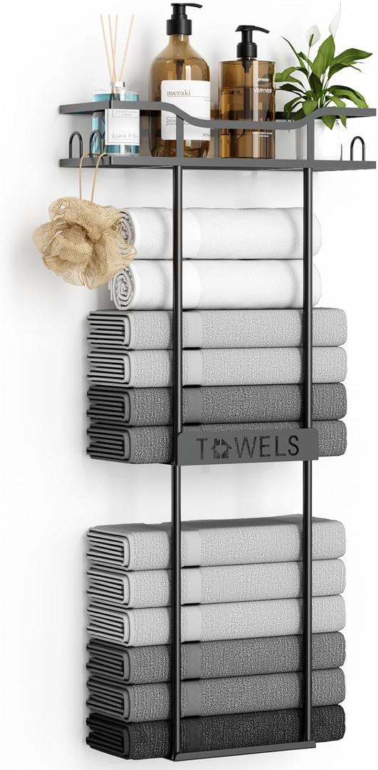 Towel Racks for Bathroom Wall Mounted with Shelf, 31.5" Large Towel Holder for Bathroom Wall, Black Towel Storage for Rolled Towels, Space Saving Organizer for Small Bathroom, RV & Apartment