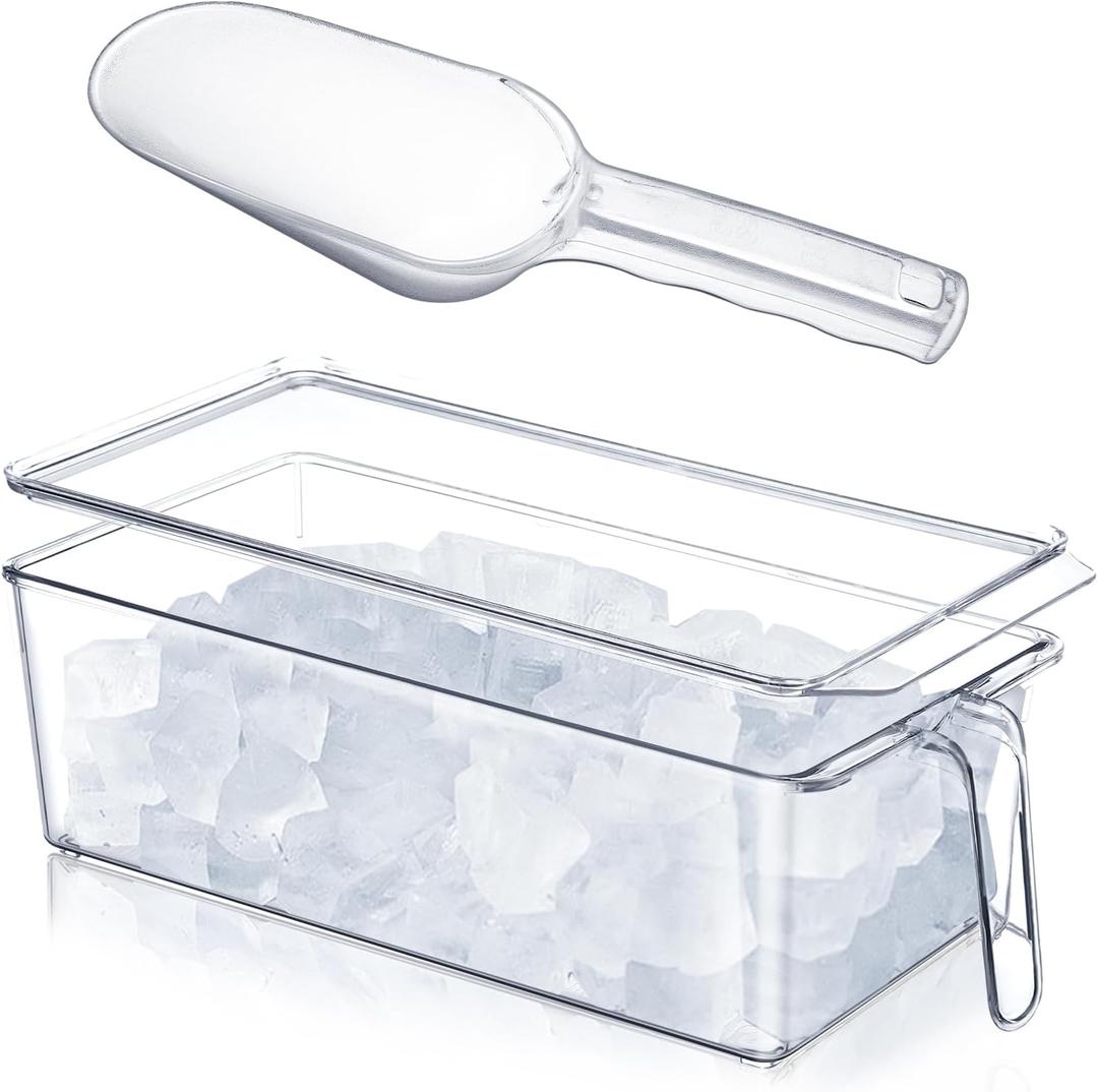 Havawish 2 Pcs Ice Storage Bin for Freezer with Lid and Flexible Scoop Set Plastic Ice Container with Lid Handle for Home Office Fridge Storage (12.4 x 5.91 x 3.94 Inches,Clear)