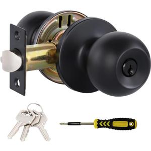 Lanwandeng Matte Black Door Knobs with Lock and Keys, Interior/Exterior Door Knob for Bedroom or Bathroom, Entry Door Lock (1 Pack)