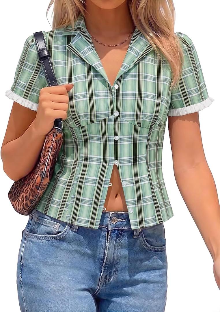 Tankaneo Womens Puff Sleeve Plaid Shirts Gingham Tops Y2k Summer Button Down Blouse Trendy Cute Fitted Going Out Tops (Green)