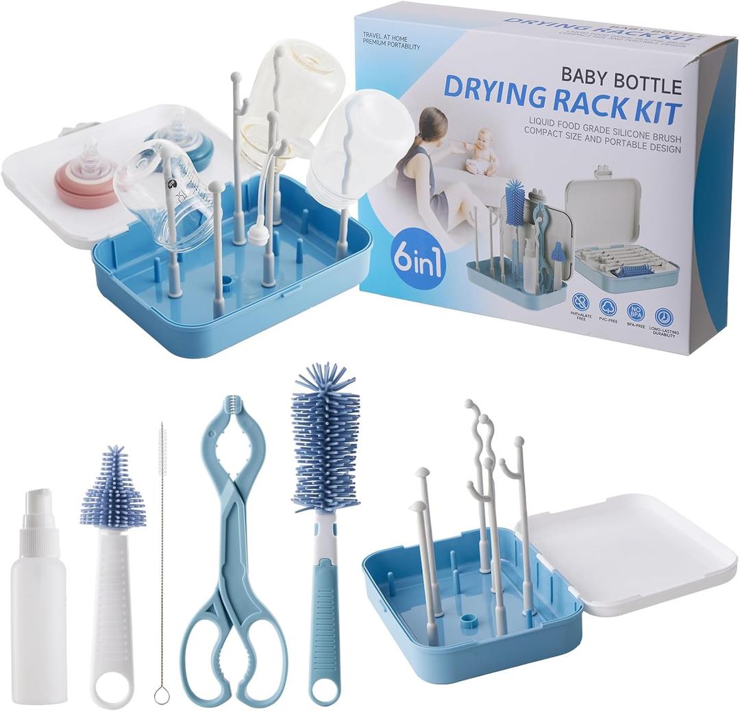 6 in 1 Baby Traveling Set Includes Straw Cleaner, Silicone Brush, Nipple Brush, Soap Dispenser, Drying Rack + Tray and Bottle Clip, Brush Washer, Newborn Essentials, Girl and Boy Gifts, Bule