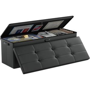 DocSafe Storage Ottoman Bench, FireproofWaterproof Folding Bench with Lock (15x 43x15), Leather Storage Chest with Handles 2 Extra Boxes, Ottoman Safe for Bedroom, Living Room, Home Office, Black