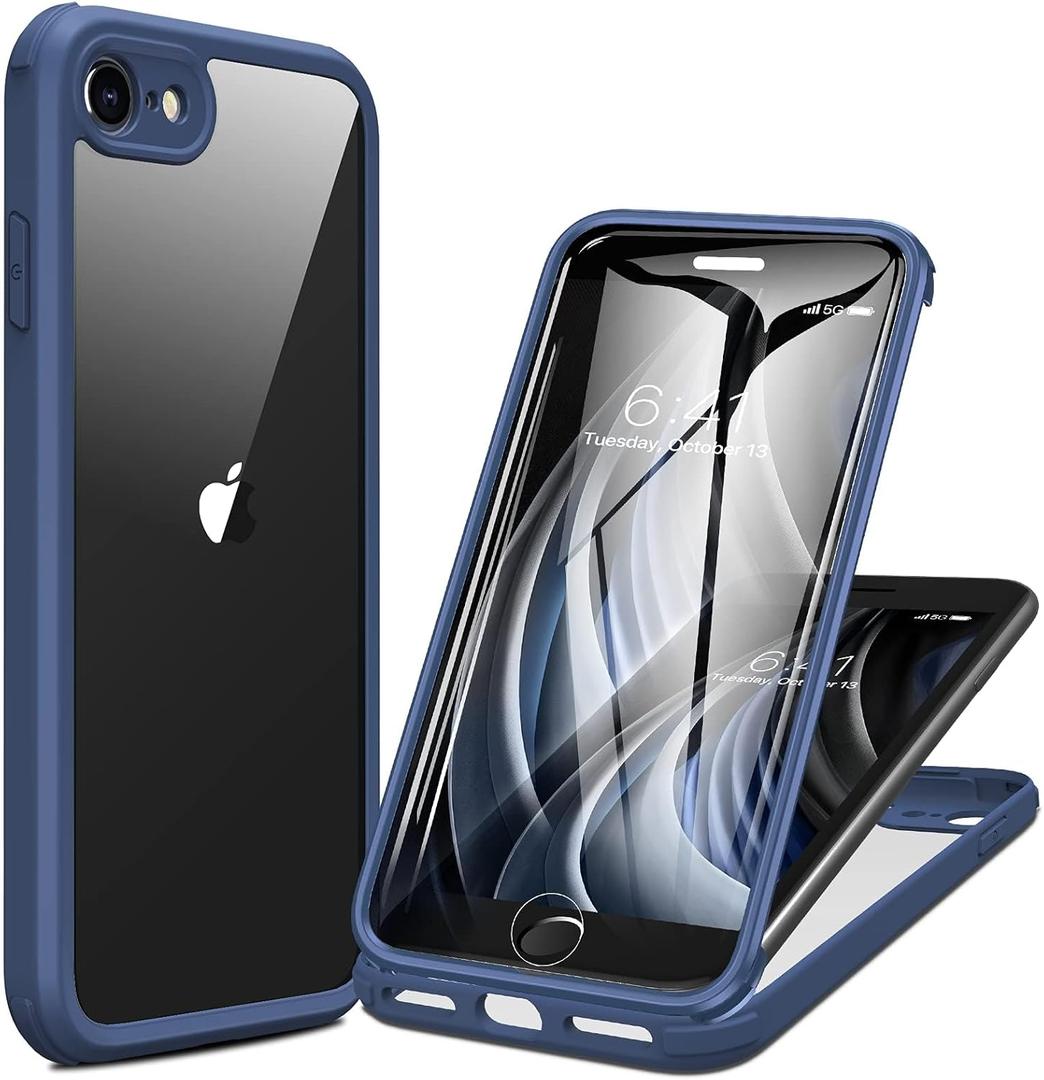Miracase for iPhone SE Phone Case 3rd/2nd Generation 2022 2020 Full-Body with Built-in Glass Screen Protector, Heavy Duty 360 Protective Shockproof Bumper Cover for iPhone 8/SE, Blue