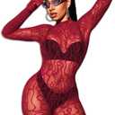 Women Sexy Fishnet Full Bodysuit, Mesh Lace Poster Jumpsuit Glow Party Rave Outfits, Body Stockings Halloween Costume (Burgundy)