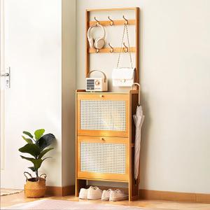 20" Narrow Shoe Cabinet with Coat Rack, 2-Tier Flip Drawer Wooden Shoe Organizer for Entryway, Hallway, Closet Natural, 6.7" Depth