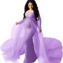 Women Off Shoulder Long Sleeve Maternity Dress Tulle Elegant Slim Fit Gown Baby Shower Photography Maxi Dress for Photo Shoot (Medium, Light Purple)