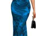 LIGHT DOT Women's Summer Printed Maxi Dress Spaghetti Strap Bodycon Cami Side Slit Mesh Layered (Blue)
