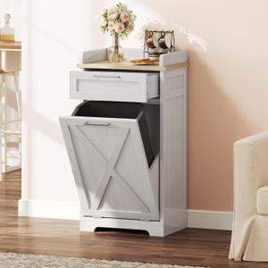 YITAHOME Tilt Out Trash Cabinet 10 Gallon, Wooden Free Standing Kitchen Trash Recycling Cabinet with Drawer, Tilt-Out Hamper for Kitchen Island, 20.5" W x 14" D x 39" H, Off White
