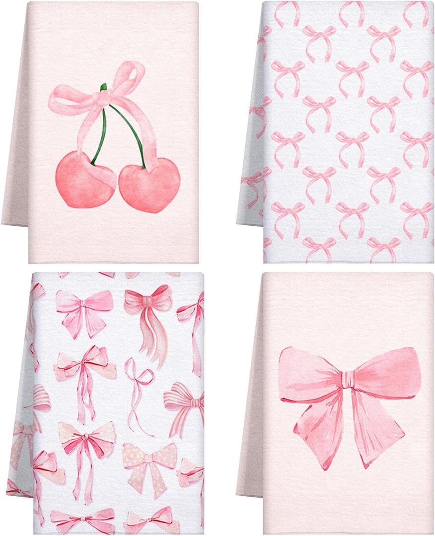 Macarrie 4 Pcs Pink Bow Coquette Kitchen Towels Trendy Cute Pink Hand Towels Coquette Bow Gifts Preppy Microfiber Kitchen Supplies for Hostess Housewarming, 18 x 26 in