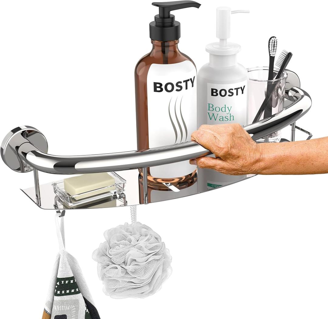 Polished Chrome Shampoo Shelf Grab Bar 18 Inch, Zepolu Stainless Steel 2-in-1 Decorative Grab Bar w/Tray, Bath and Shower Safety Handle, Wall Mounted Handrail Balanced Support Assist Bar for Senior