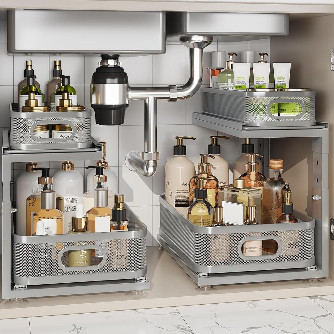 Corbyles 2 Pack 15.5IN-Depth Under Sink Organizer With Next-Gen Ball-Bearing Slides, 2-Tier Precision Mesh Pull Out Cabinet Storage for Bathroom&Kitchen, Height Adjustable Drawers Shelf, Anti-rust-Grey
