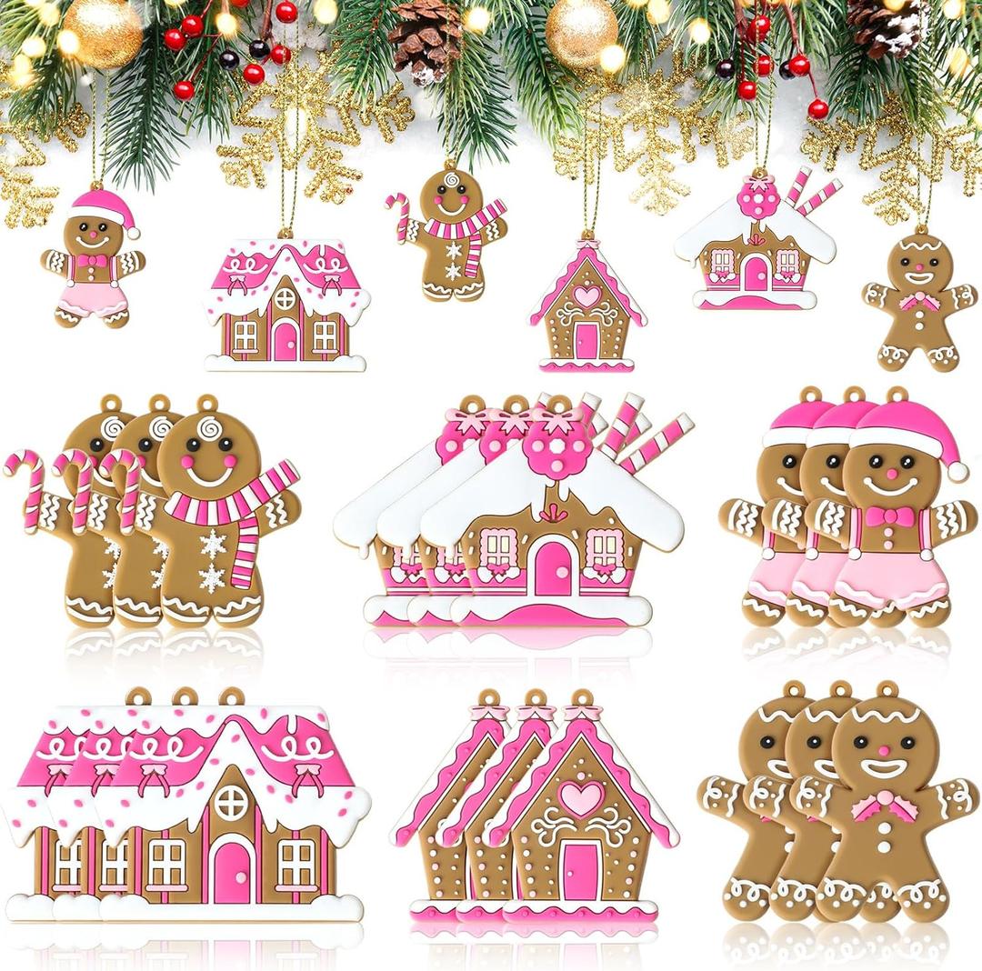 18 Pcs Pink Gingerbread Man Ornaments for Christmas Tree Pink Gingerbread House Candy Cane Pendant Charm Cute Plastic Christmas Decoration Hanging Party Decor for Xmas Winter Party Supplies
