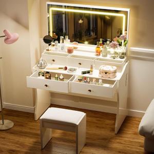 COMHOMA Makeup Vanity Desk with Mirror and Lights, Vanity Table and Chair Set with 5 Drawers and Charging Station, Bedroom Dresser LED Mirror Stepless Dimmable & 3 Color Modes Adjustable, Pearl White, Large