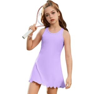 Girls Tennis Dress Sleeveless Pickleball Athletic Dress Golf Outfit with Detachable Built-in Bra & Shorts Pockets, 10-11Y Purple