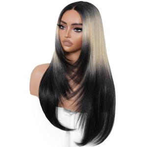 Ombre Blonde Black Wear and Go Glueless Wigs Pre Plucked Pre Cut for Beginners Synthetic Lace Front Wigs With Bangs Long layered Straight Dark Roots 26 Inch 3 Seconds to Wear for Beginners
