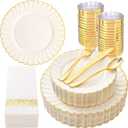 YOUBET 175PCS Ivory Scalloped Plastic Plates - Gold Disposable Dinnerware Set Include 50 Plates, 75 Gold Silverware, 25 Cups, 25 Napkins for Party & Wedding