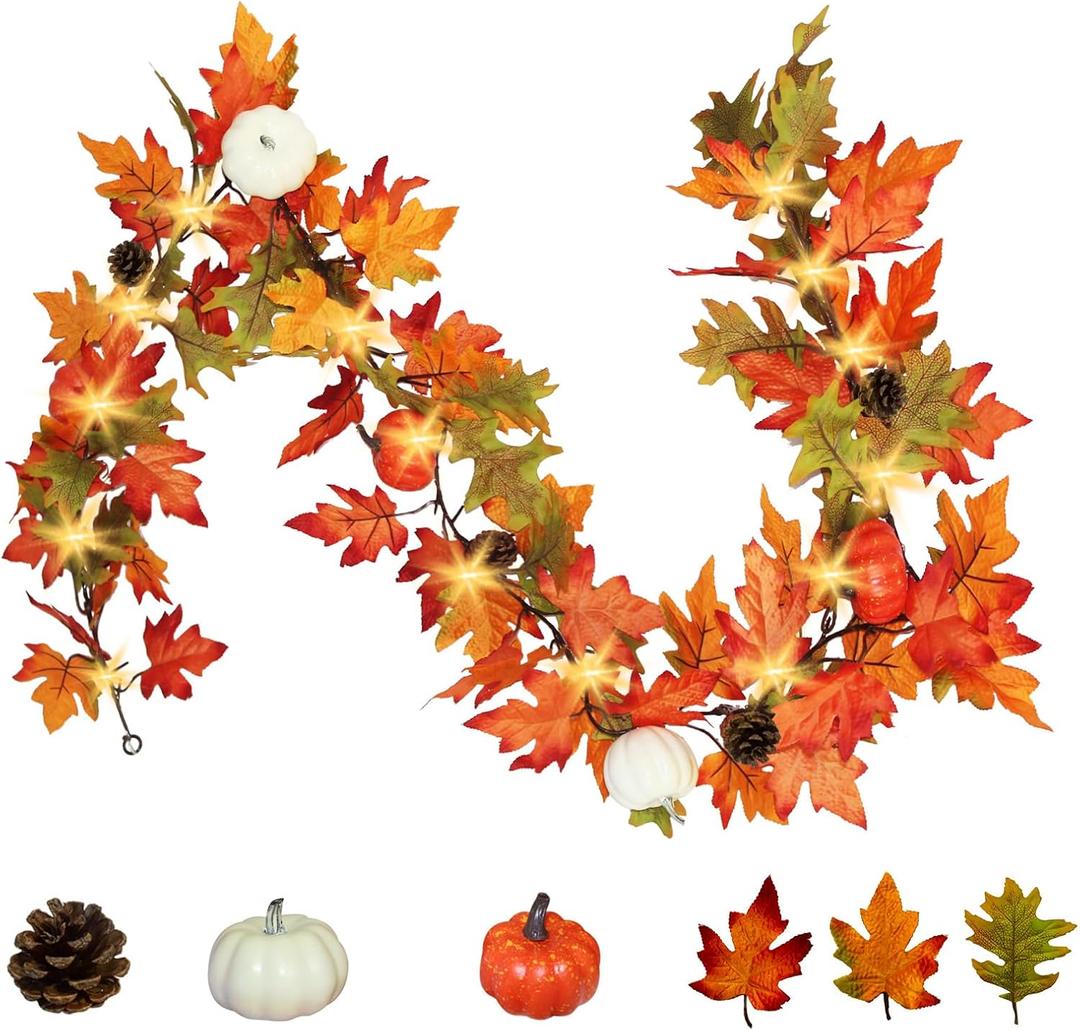 Fall Garland with Lights, Fall Decorations for Home, 6FT Lighted Maple Leaves with Pine Cone and Pumpkin, Thanksgiving Garland with Lights, Front Door Fireplace Decor (1 Pack)