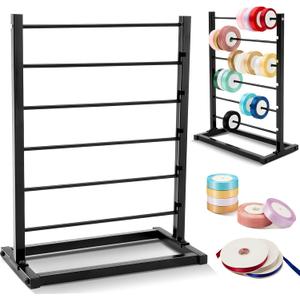 Menkxi 6 Tier Metal Ribbon Organizer Ribbon Rack Display Holder Shelf Spool Holder Storage Organizer for Sewing Craft Mesh Thread Tape Wreath Crochet Roll Cake Flower Store Wrapping Gift, Black