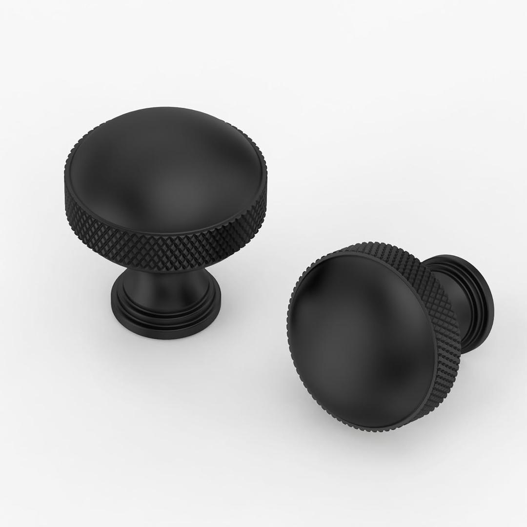 10 Pack Matte Black Knurled Cabinet Knobs Kitchen Black Drawer Knobs Dresser Pulls Cupboard Hardware for Bathroom Cabinets (Curved Round Knobs)