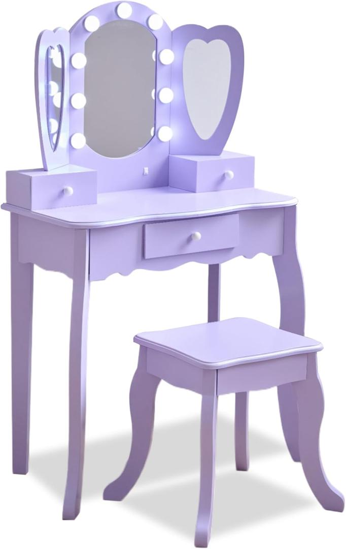 Teamson Kids Heart Glow Makeup Kids Vanity Set with Heart Shape LED Light-Up Mirror, Matching Stool and Storage Drawers, Pretend Makeup Play Table for Toddlers and Girls 3+ Years Old, Purple