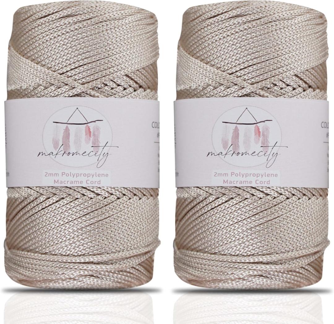 Makromecity, 2 Skeins of Polyester Macrame Cord 2mm x 250 Yards (750 feet) 2mm Polypropylene Macrame Cord for Macrame Art & Crafts for Wall Hangings, Bags, Underplate, Rug, (Latte)