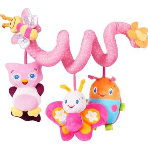 Jollybaby Crib Stroller Car Seat Toys for Baby 0-3-6-9-12 Months, Tummy Time Hanging Sensory Toys for Newborn with Music Box and Teether, Spiral Carseat Toy for Infant Boys Girls Gifts (13-Pink)