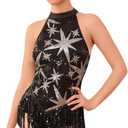 ODIZLI Women Star Sequins Fringe Tassel Cami Leotard One Piece Bodysuit Latin Jazz Dance Acrobat Rave Costume (Small, Black)