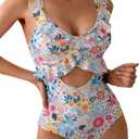 Rainlover Womens One Piece Swimsuits Tummy Control Bathing Suit Cutout High Waisted Ruffle Wrap V Neck Swimwear (Large, Bluepink Floral)