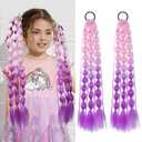 2Pcs Colored Hair Extensions for Kids, Lightweight Rainbow Bubble Ponytail Extension with Hair Tie, Crazy Hair Accessories for Women for Festival Rave (Light Pink to Purple, 23 Inch)