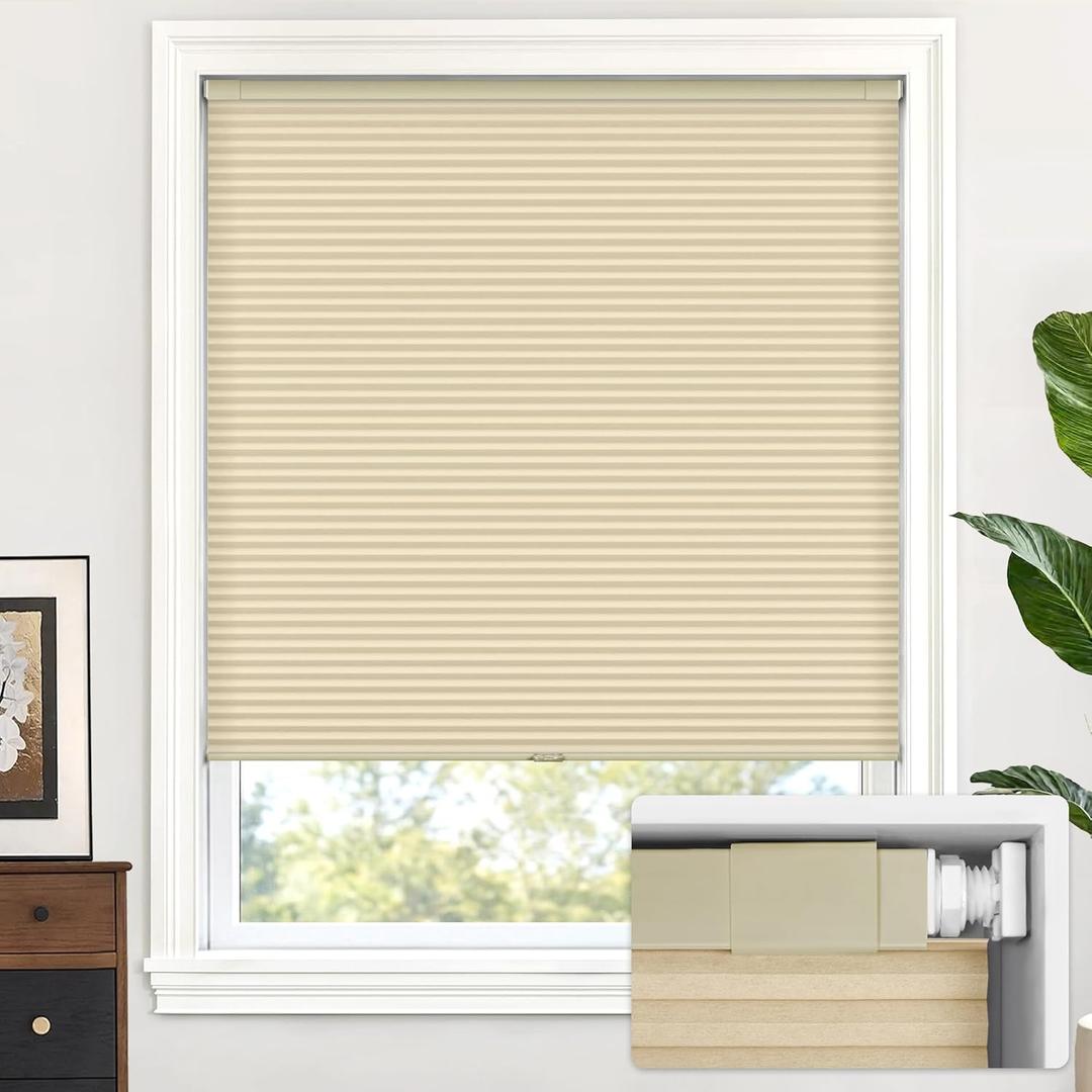 LazBlinds Cordless Cellular Shades, No Tools No Drill Light Filtering Honeycomb Shades Pleated Blinds for Windows, 22.5'' W x 48'' H, Cream