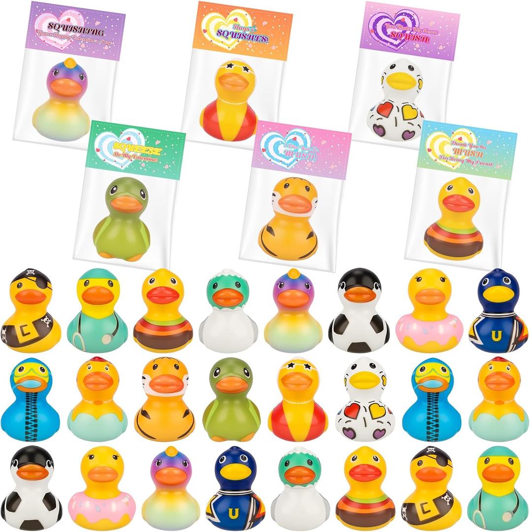Valentines Day Gifts for Kids, 24PCS Valentine's Day Cards with Ducks Squishy Toys for Classroom, Valentine Stress Relief Toys for Kids School Classroom Exchange Gift Party Prize