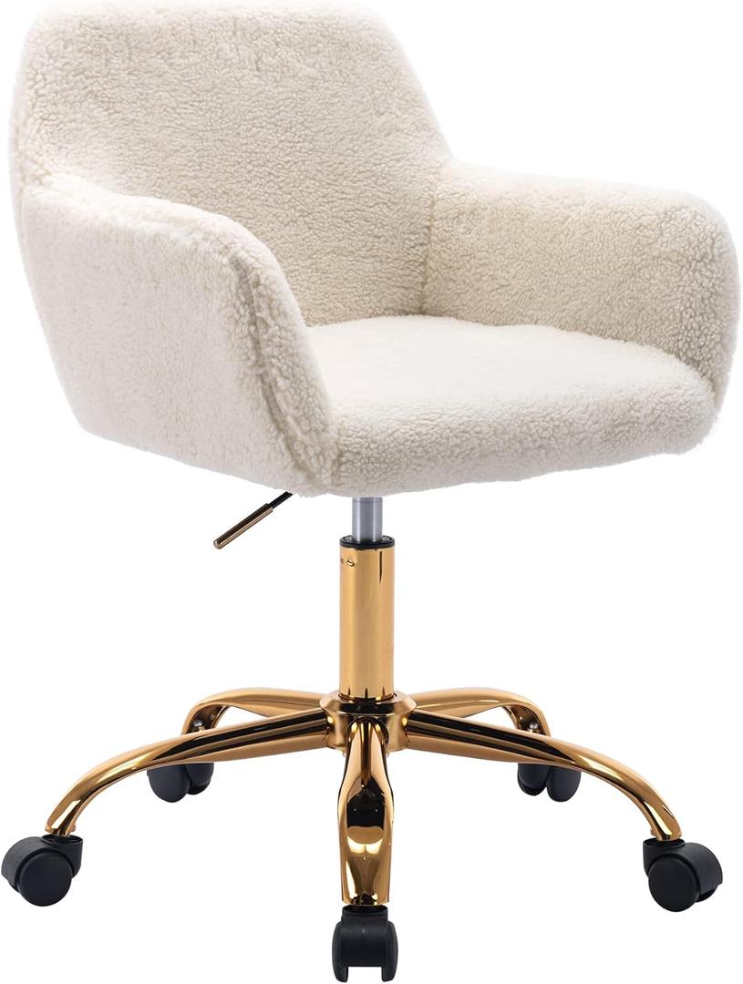 KCC Faux Fur Office Desk Chair, Comfy Swivel Armchair with Wheels, Upholstered Fuzzy Vanity Chair, Adjustable Height, White (White++golden Base)